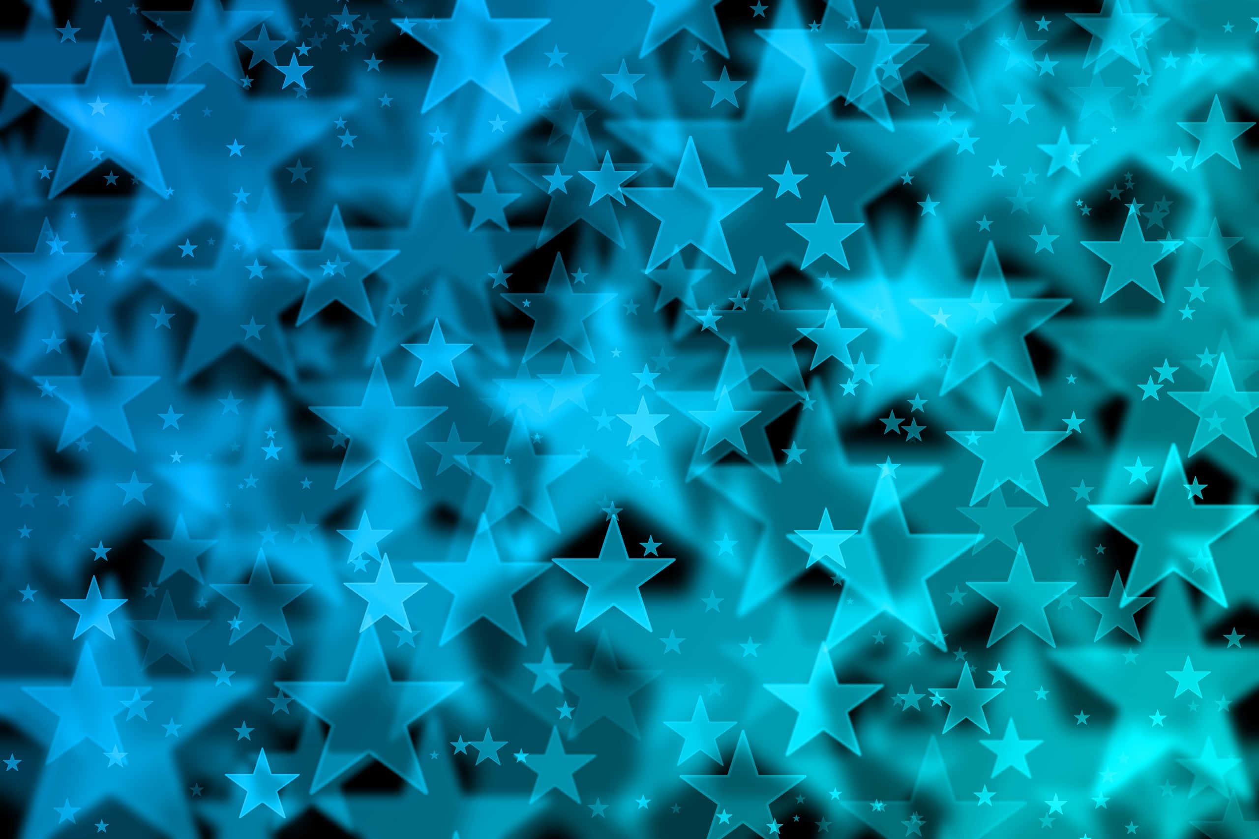 3d Star 桌布 壁紙 — 充滿不同大小發光半透明星星的鮮豔藍色抽象背景。