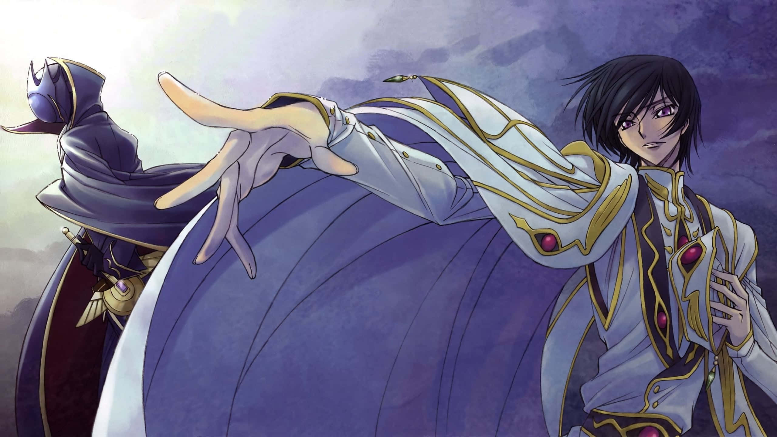 充滿冒險的奇幻世界 壁紙 — 一個戲劇性的動漫角色身穿白色和金色盔甲，戴著手套的手伸向一片憂鬱的紫色天空。