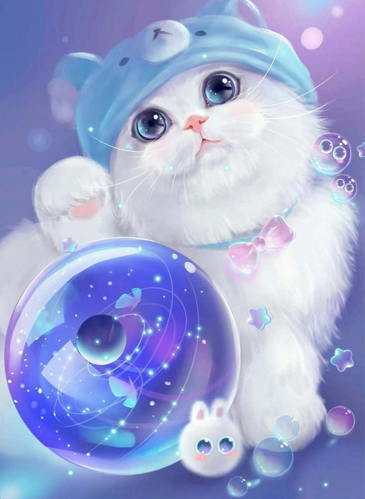 一隻白色小貓戴著藍色帽子，抱著一個發光的宇宙泡泡，附近有一隻小兔子漂浮著。