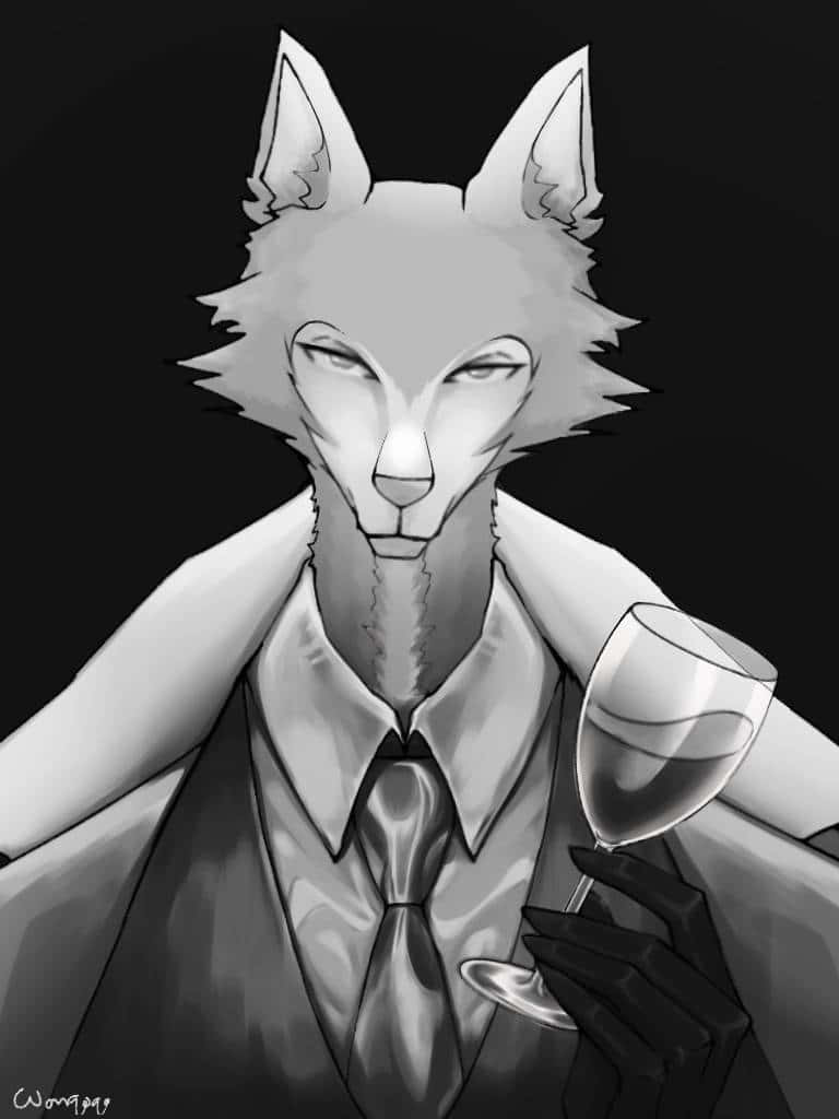 充滿勇氣與力量 壁紙 — 一隻穿著西裝的時尚擬人化狐狸，在純黑背景下拿著酒杯。