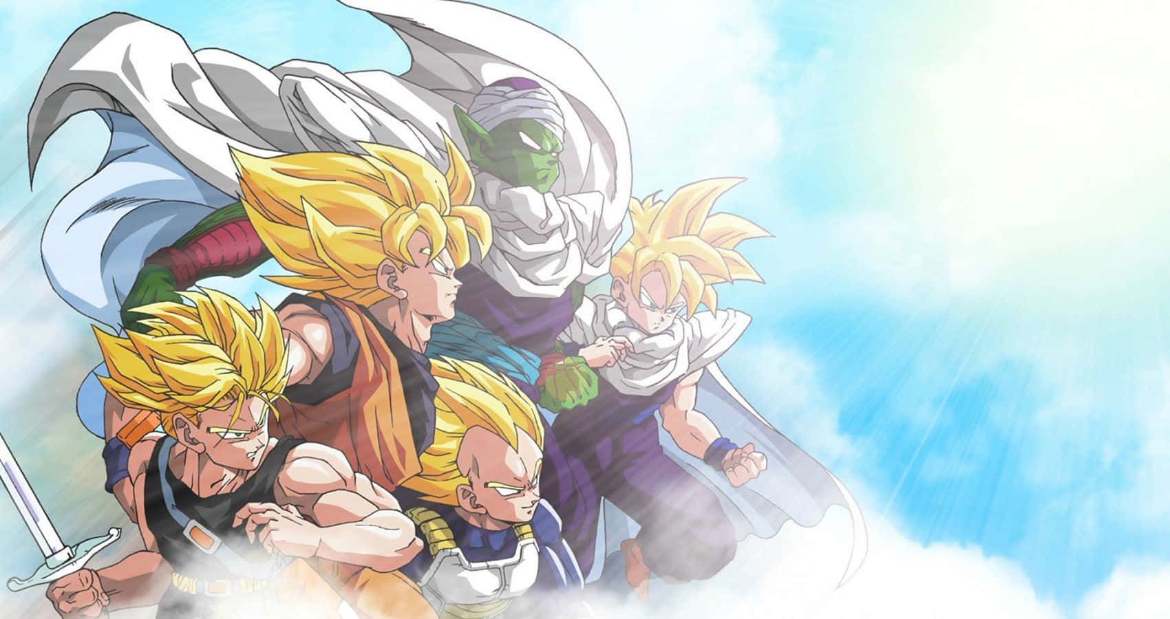 Dragon Ball Characters 桌布 壁紙 — 充滿動感的動漫戰士，擁有尖刺頭髮和飄逸斗篷，在藍天白雲中翱翔。