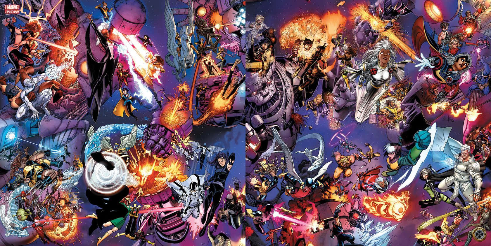 Uncanny X-Men Action-Packed Poster 壁紙 — 充滿動感的漫畫英雄與反派在混亂的宇宙大戰中碰撞，伴隨著爆炸與能量光束。