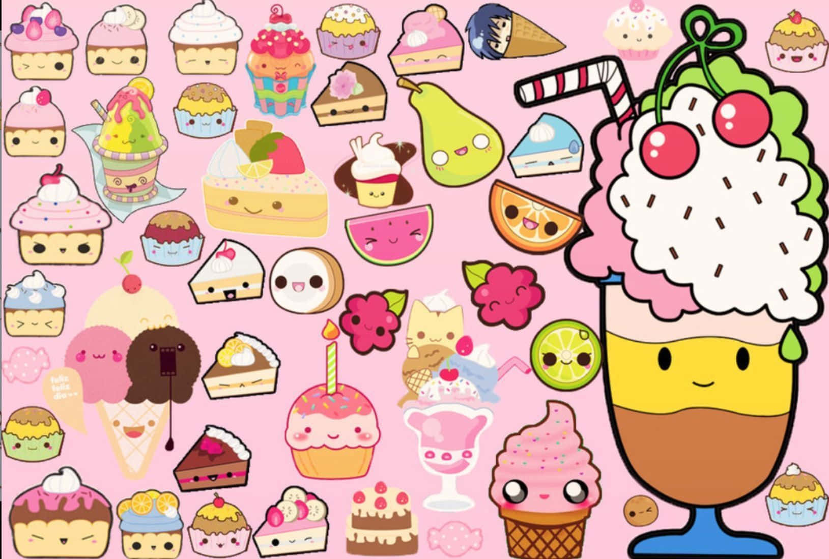 Cute Kawaii Japanese Characters 桌布 壁紙 — 充滿可愛卡哇伊風格甜點和水果的鮮豔粉紅色背景，全都睜大眼睛微笑。