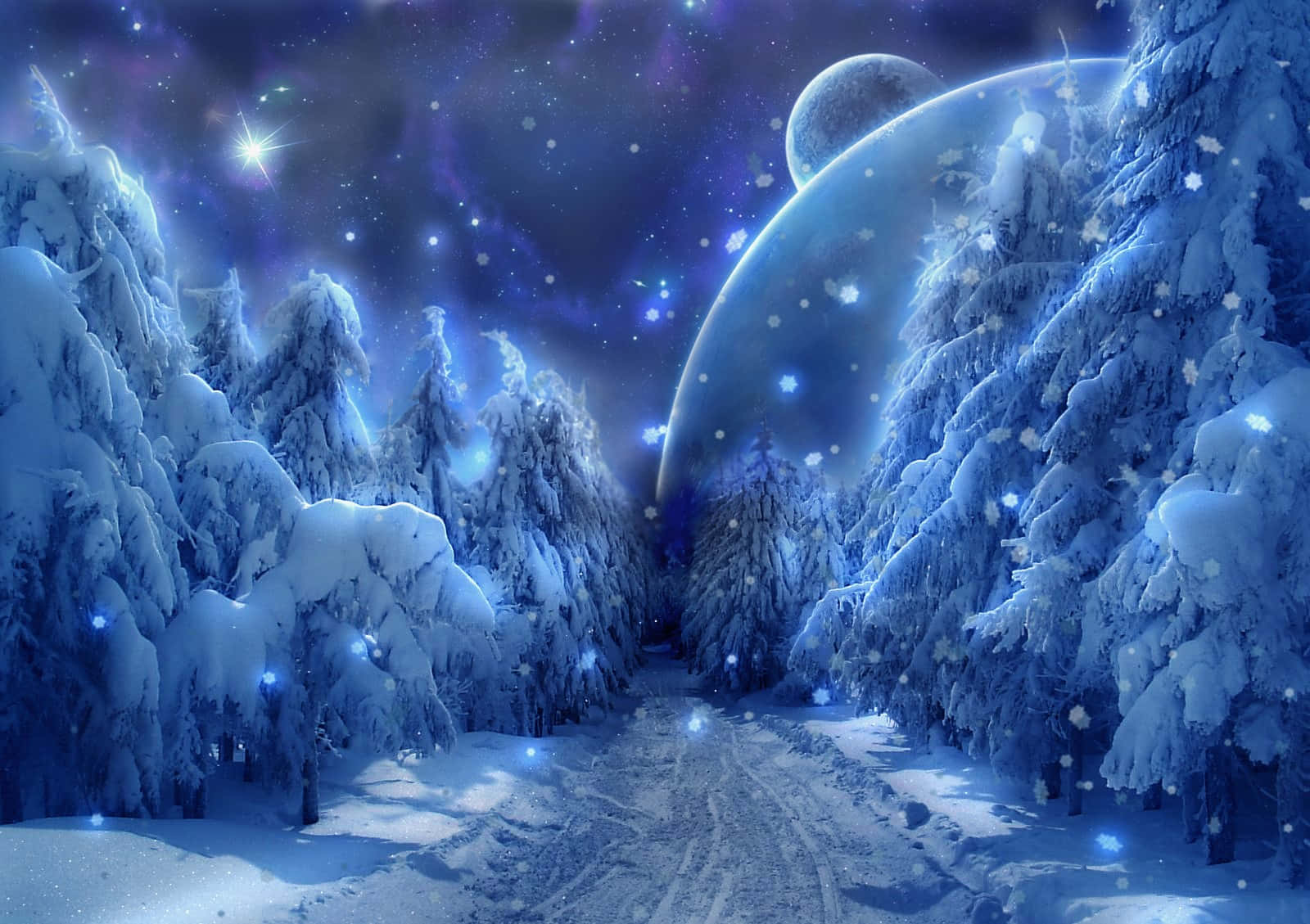 充滿可能性的冬季 壁紙 — 一條積雪森林小徑在星空下蜿蜒，有發光的行星和飄落的雪花。