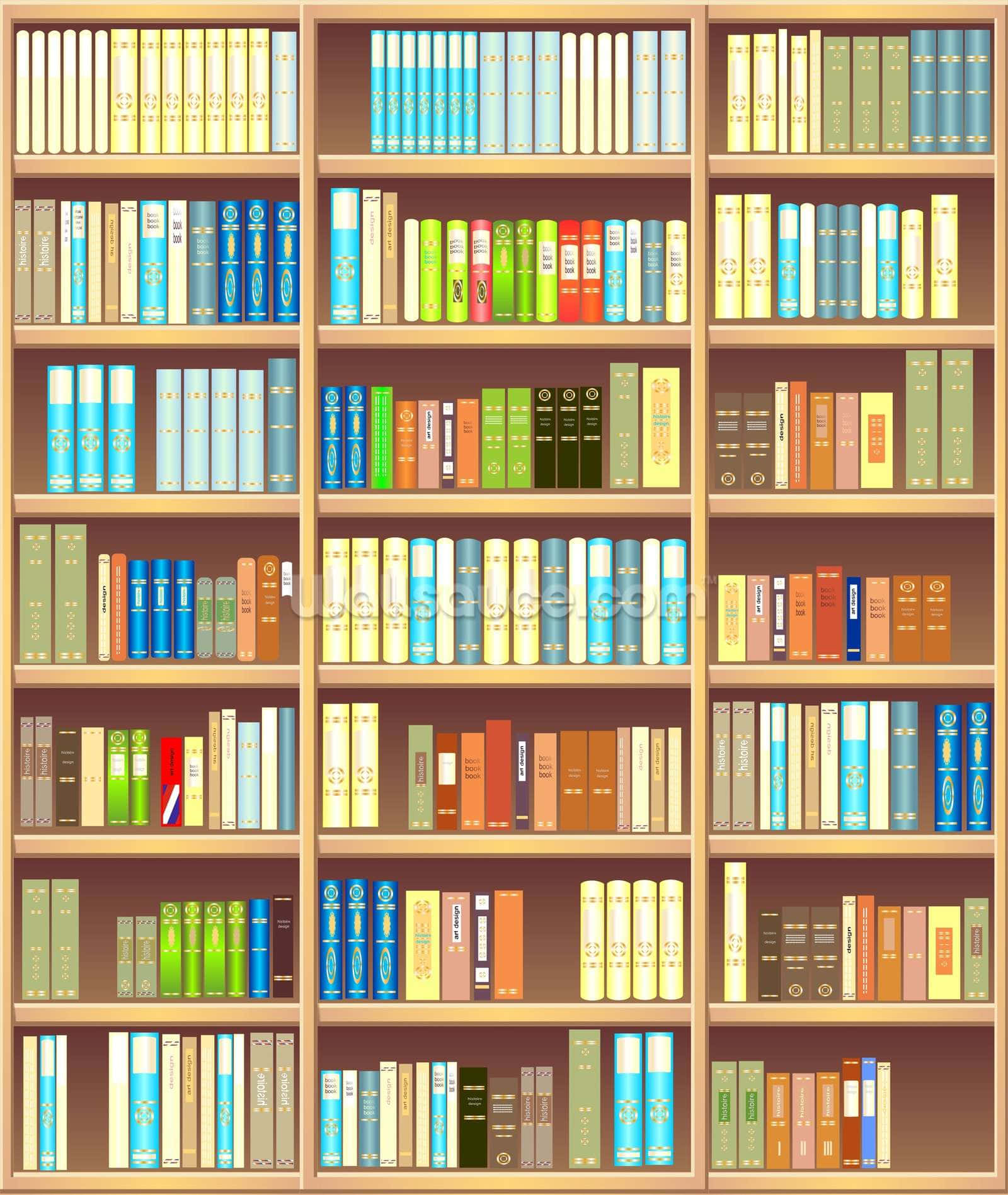 圖書館中裝滿色彩繽紛書籍的木書架。