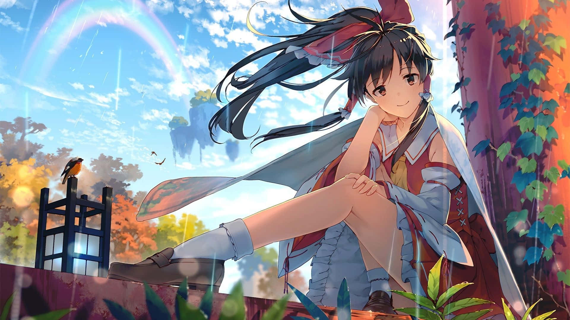 充滿夏日氣息的動漫少女 壁紙 — 一個微笑的動漫女孩，長長的黑髮，坐在一個充滿活力的彩虹下的壁架上，雨水在她周圍落下。