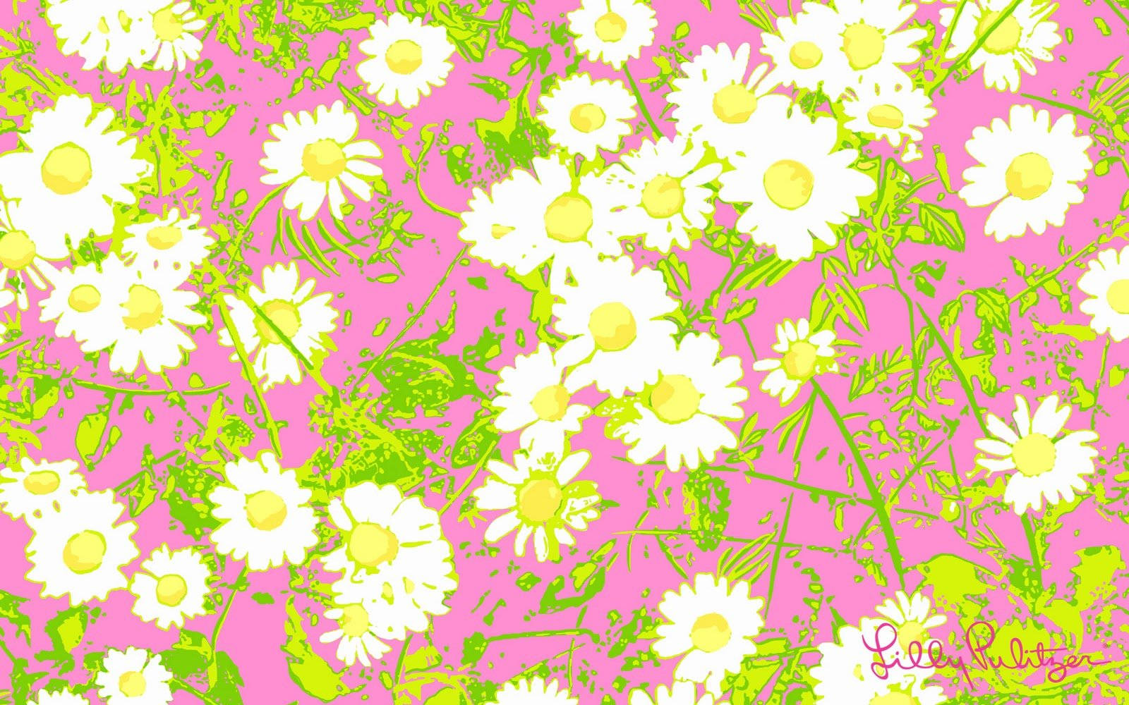 圖案 桌布 壁紙 — 充滿大膽圖案風格的鮮豔粉紅色背景，點綴著白色雛菊和螢光綠色莖幹。