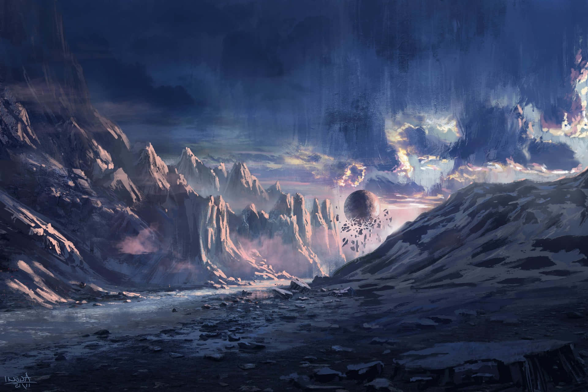 在暴風雨黃昏天空下，發光天體與外星山脈。