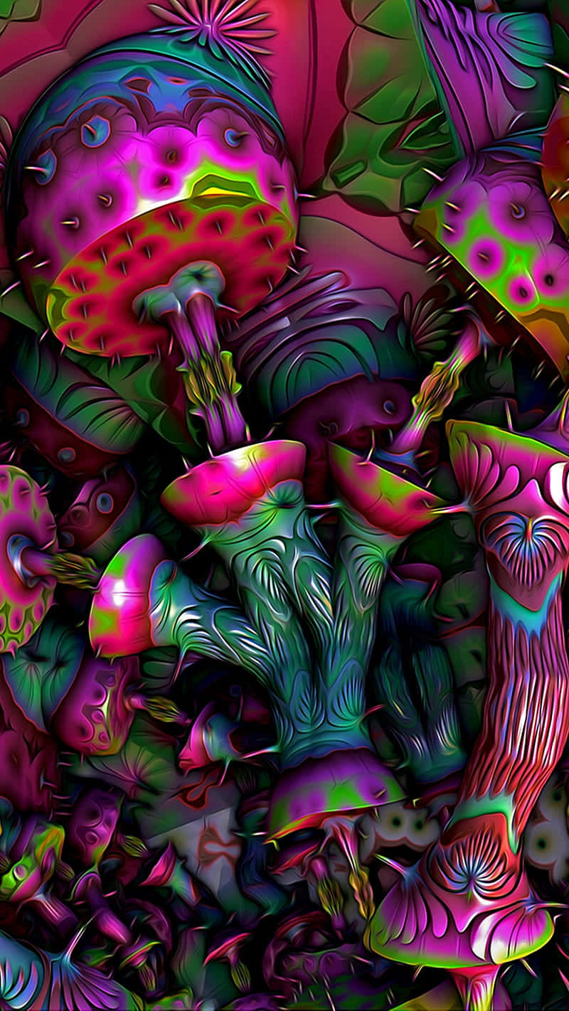 充滿奇幻色彩的迷幻蘑菇世界 壁紙 — 在超現實的數位森林中，帶有發光粉紅色、綠色和紫色菌蓋和菌柄的鮮豔迷幻蘑菇。