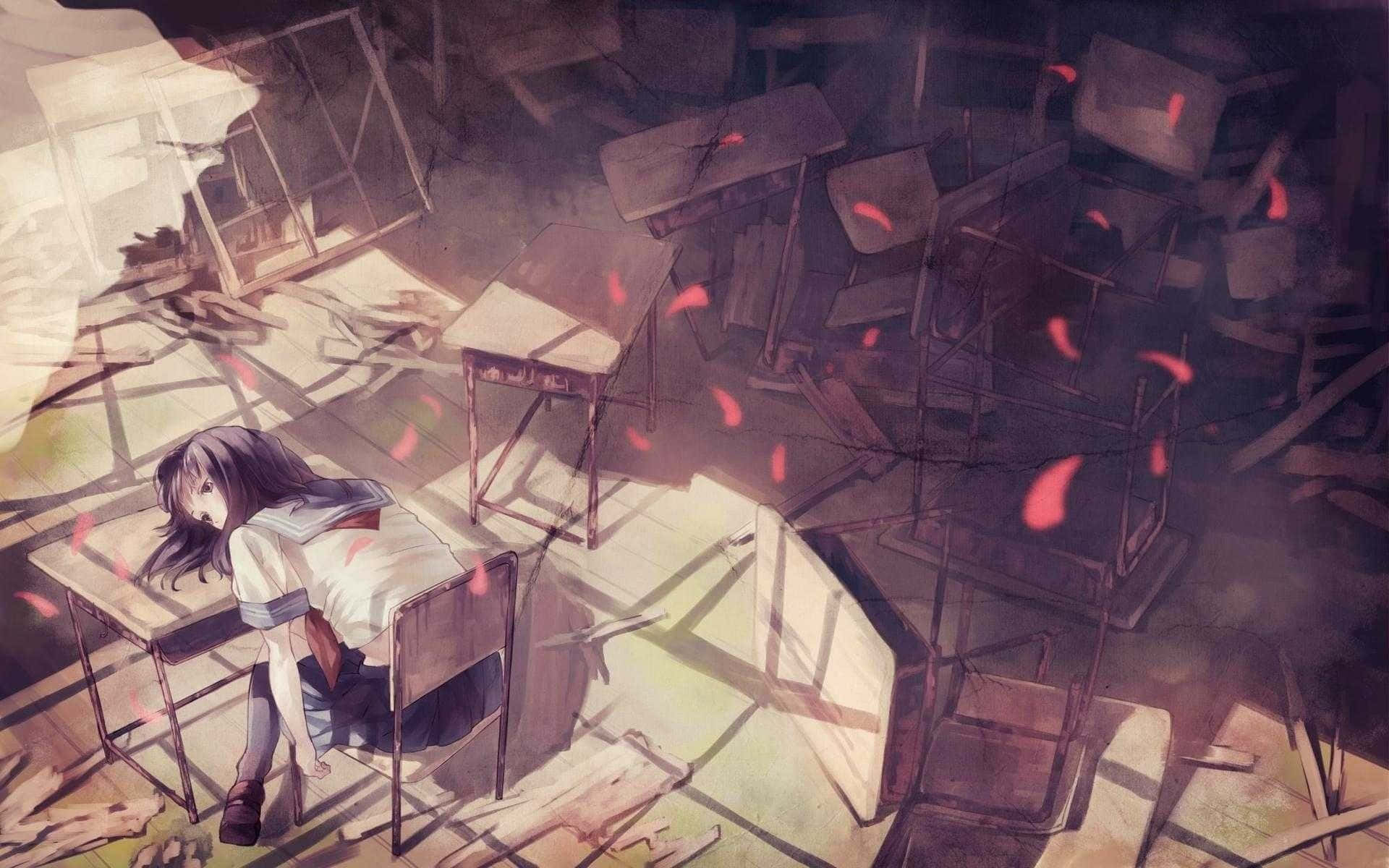 一個悲傷的動漫女孩在一個破敗的教室裡，頭靠在桌子上，周圍漂浮著紅色花瓣。