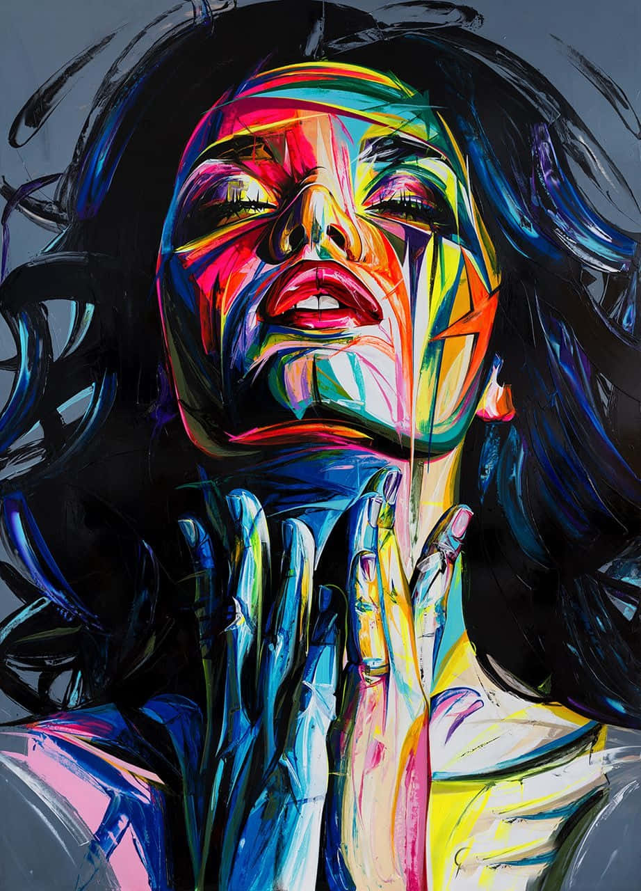充滿想像力的畫作世界 壁紙 — 一幅充滿活力的抽象女性肖像，臉上帶有彩色條紋，雙手舉起表達情感。