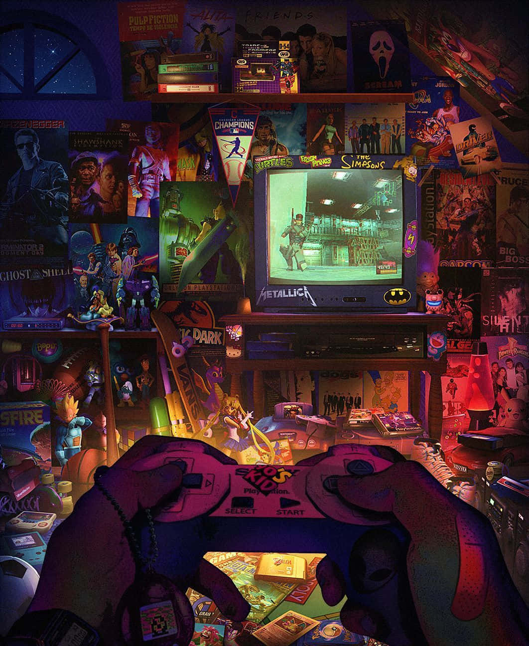 Gaming Classic Collections 桌布 壁紙 — 充滿懷舊氣息的遊戲玩家巢穴，沐浴在霓虹燈光下，雙手緊握PS1手掣，周圍是流行文化海報和復古遊戲紀念品。