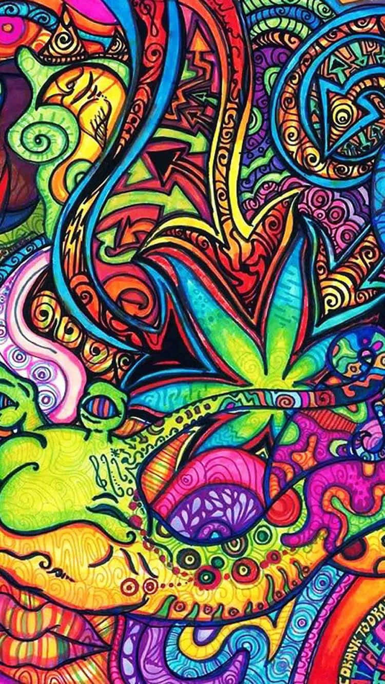 大麻 桌布 壁紙 — 充滿旋轉彩色圖案和抽象有機形狀的充滿活力的迷幻藝術品。