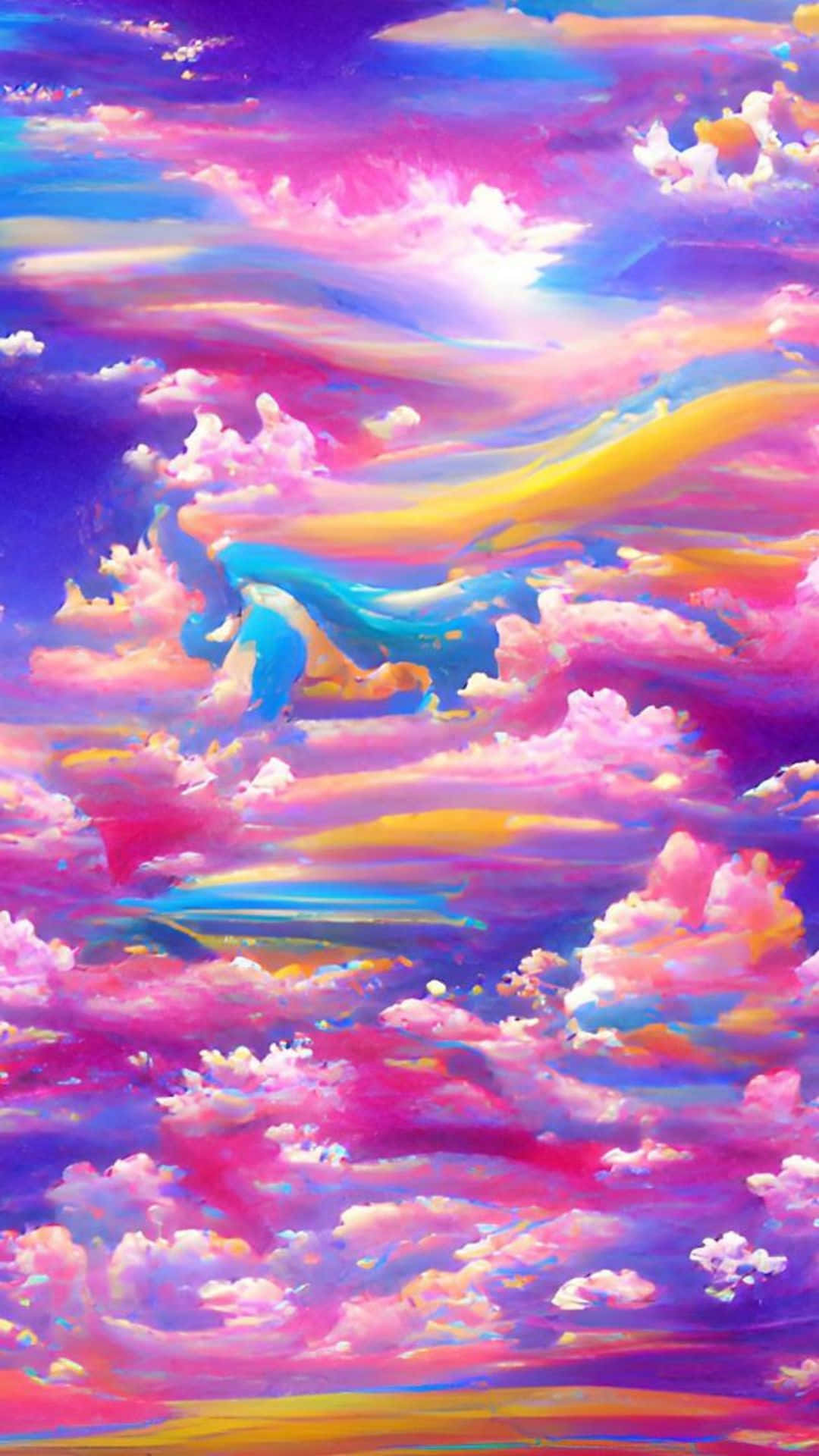 Trippy Sky 桌布 壁紙 — 充滿活力嘅動漫風格天空，有旋轉嘅粉紅色、紫色同黃色雲，同埋發光嘅太陽。