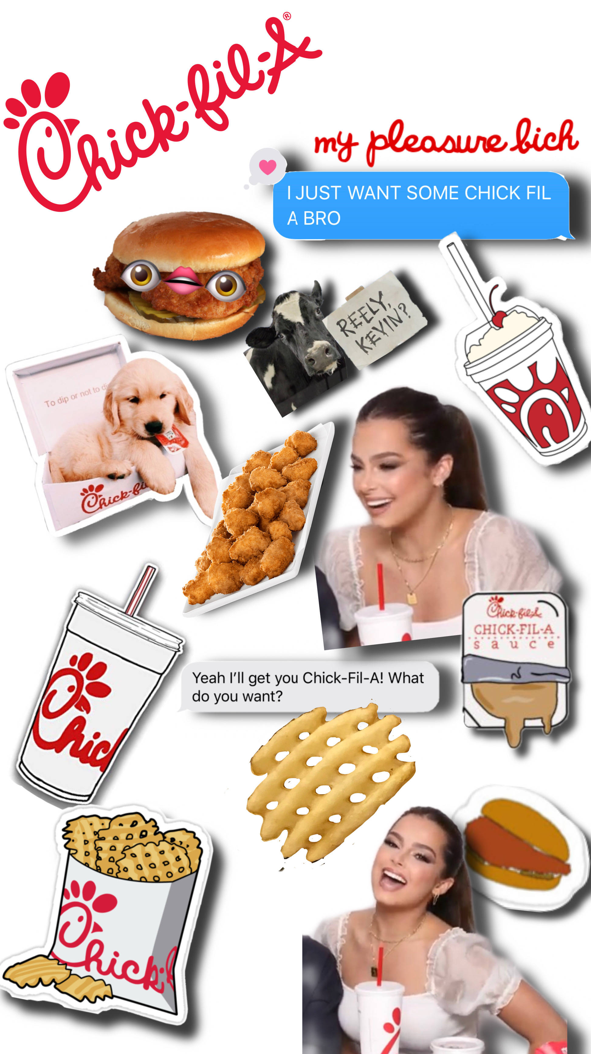 Chick Fil A Addison Rae 壁紙 — 充滿活力的 Chick-fil-A 食品和粉絲拼貼畫，帶有俏皮的文字氣泡和品牌標識。