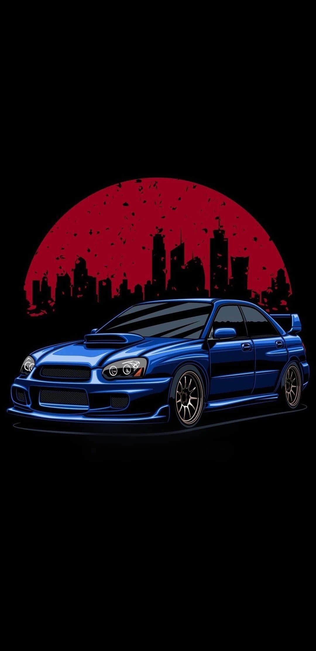 充滿活力的 JDM 藝術 壁紙 — 一輛充滿活力的藍色跑車，帶有引擎蓋進氣口和金色輪圈，以紅色太陽和黑色城市天際線剪影為中心。