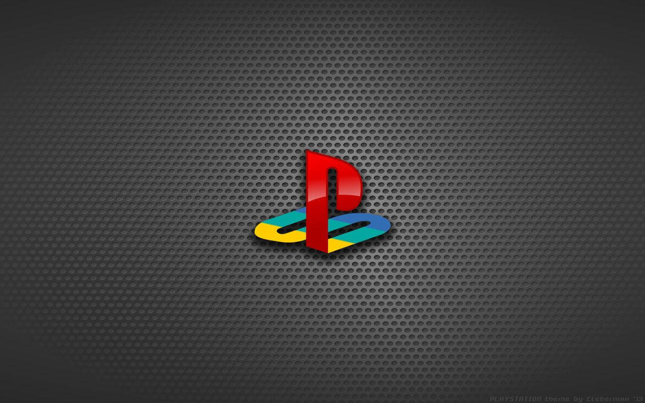3D 桌布 壁紙 — 充滿活力的 PlayStation 標誌置於深色穿孔金屬紋理中央，帶有微妙的漸變燈光效果。