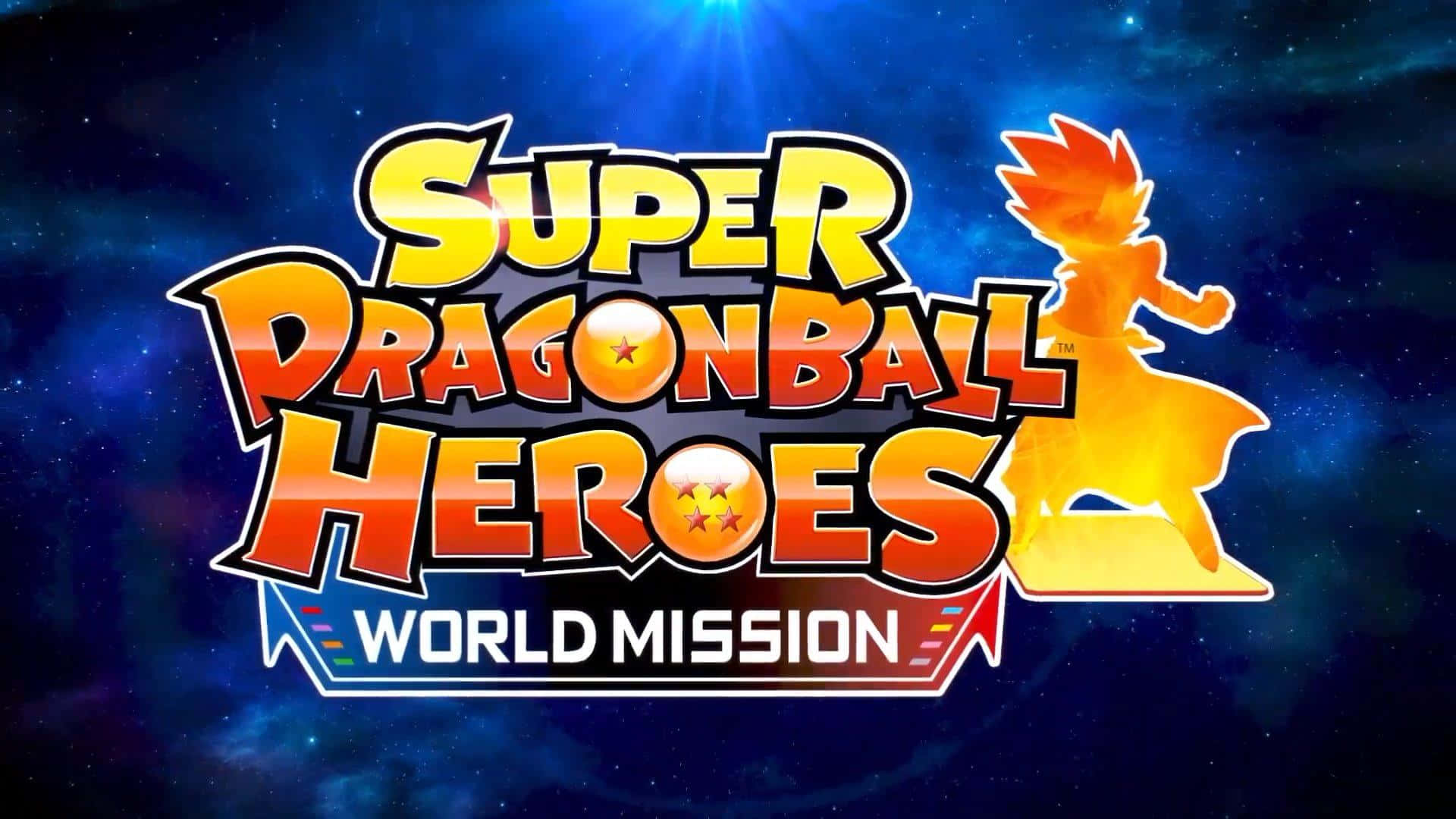 Dragon Ball Heroes 桌布 壁紙 — 充滿活力的「Super Dragon Ball Heroes World Mission」標誌在宇宙星空背景下發光，並帶有英雄的火熱剪影。