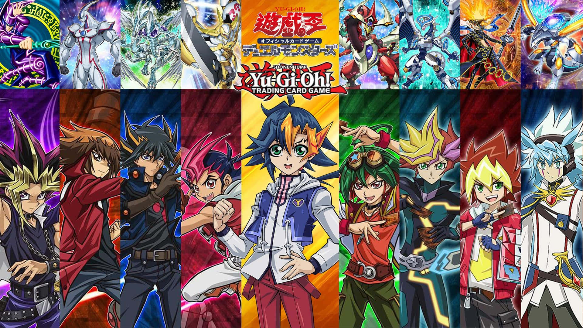 Yugioh 桌布 壁紙 — 充滿活力的 Yu-Gi-Oh! 動畫角色與怪物拼貼畫，呈現動態姿勢與發光效果。