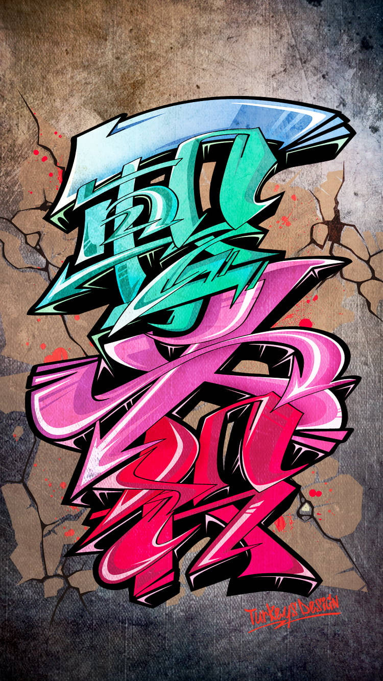 塗鴉 桌布 壁紙 — 充滿活力的3D塗鴉字母，以青綠色和粉紅色從裂開的混凝土中迸發出來，帶有粗黑的輪廓和光澤亮點。