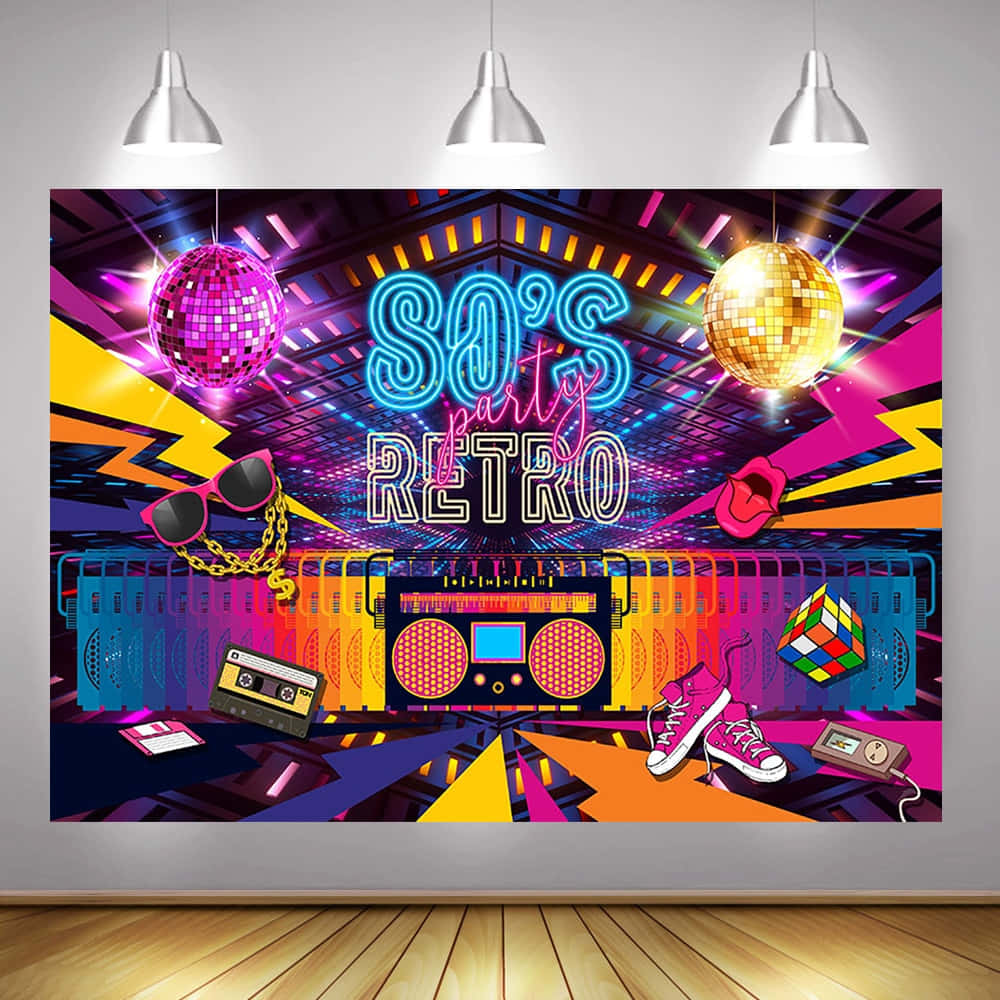 80s Retro 桌布 壁紙 — 充滿活力的80年代復古派對牆壁壁畫，配有霓虹燈、迪斯科球、手提音響和卡式錄音帶。