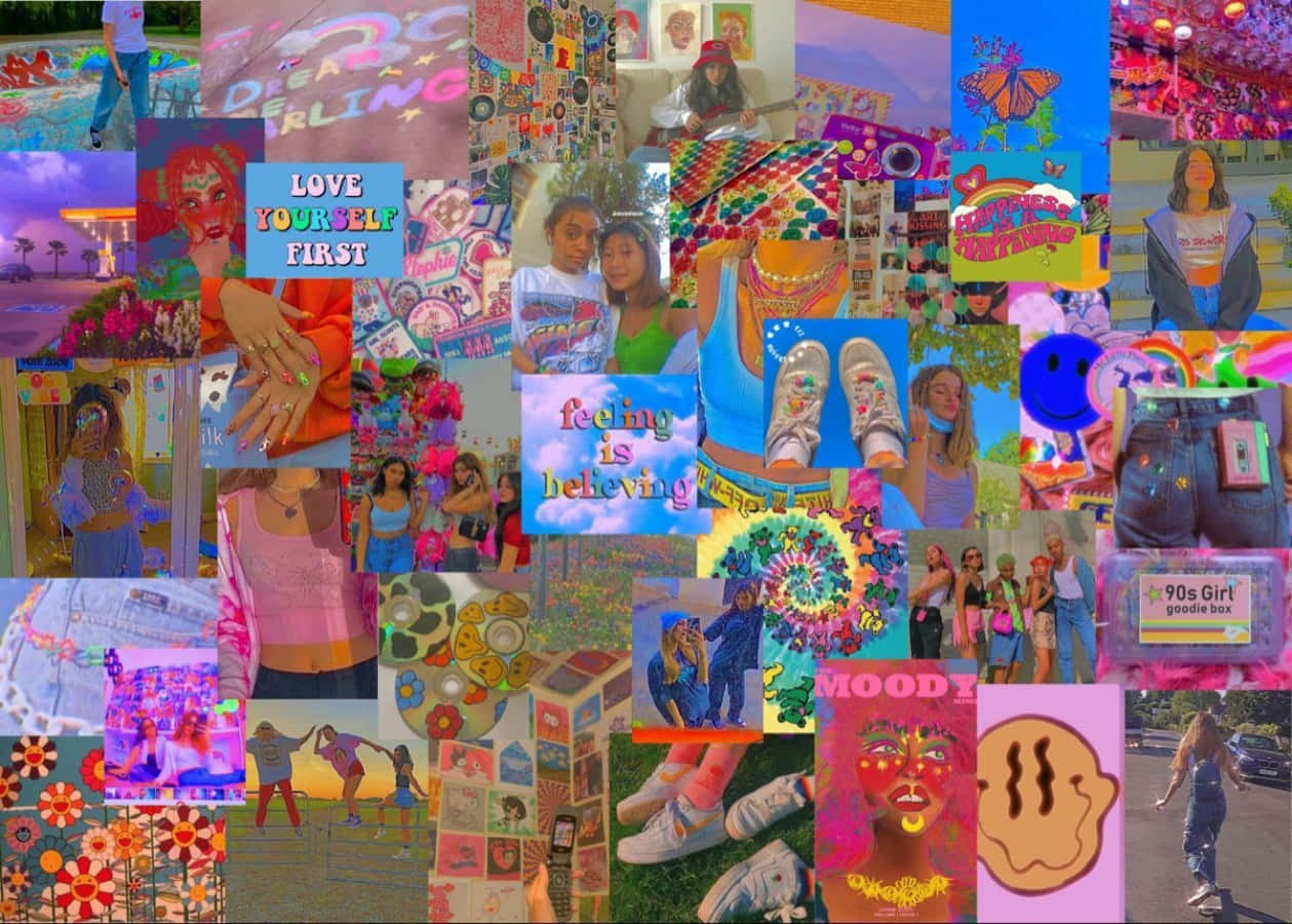 Indie Desktop 桌布 壁紙 — 充滿活力的90年代少女美學拼貼畫，帶有霓虹色彩、時尚語錄和流行文化圖標。