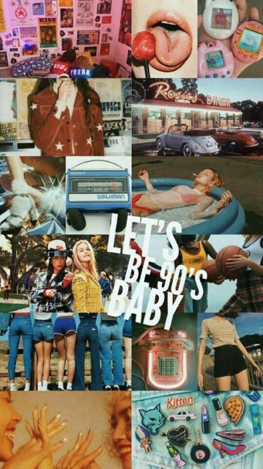 Baddie Vintage 90's Aesthetic 桌布 壁紙 — 充滿活力的90年代懷舊拼貼畫， featuring 復古物品如他媽哥池、卡式錄音機和經典汽車。