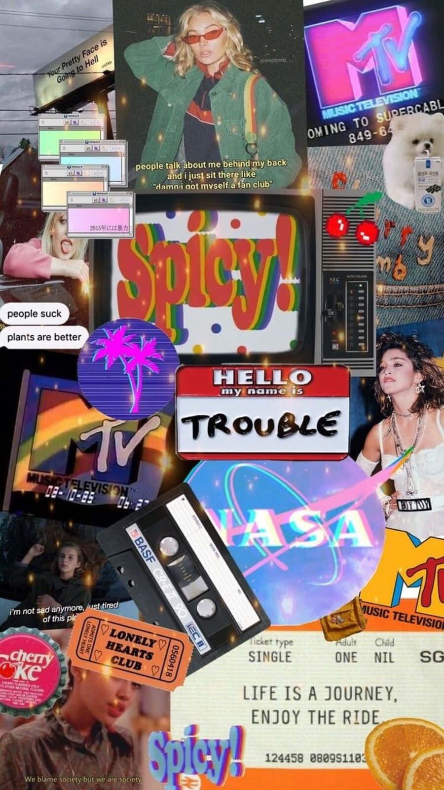 90's Vintage Retro Aesthetic 桌布 壁紙 — 充滿活力的90年代流行文化拼貼畫，包含MTV標誌、卡式錄音帶和名人語錄，採用大膽的霓虹色彩。