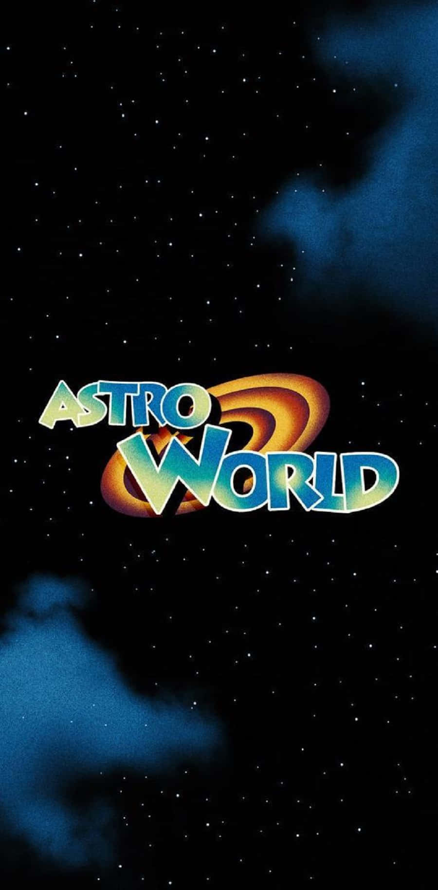 Space Jam 桌布 壁紙 — 充滿活力的Astro World復古標誌在繁星點點的夜空和旋轉的藍色雲朵中漂浮。