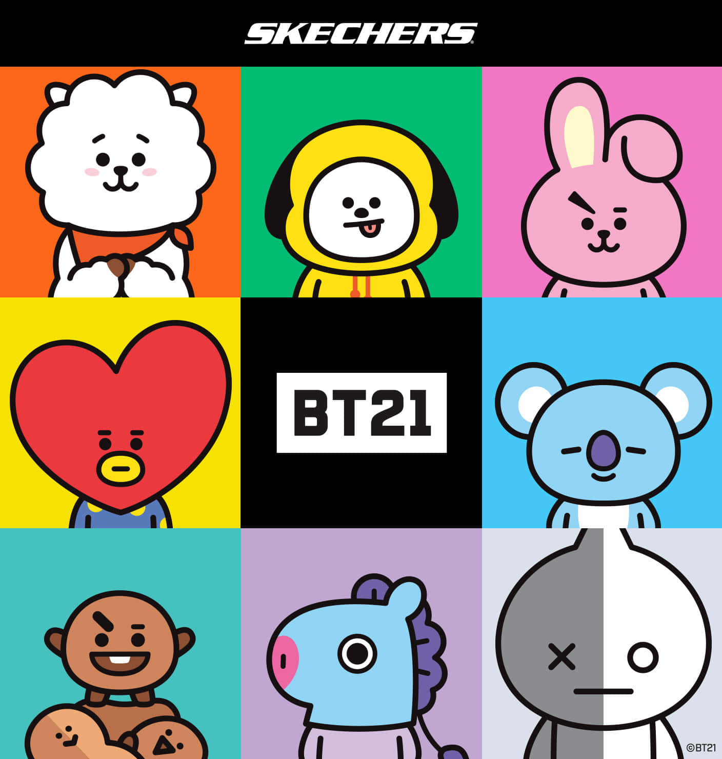 BT21 桌布 壁紙 — 充滿活力的BT21卡通人物網格，每個人物都在一個彩色方格中，上方有Skechers標誌。