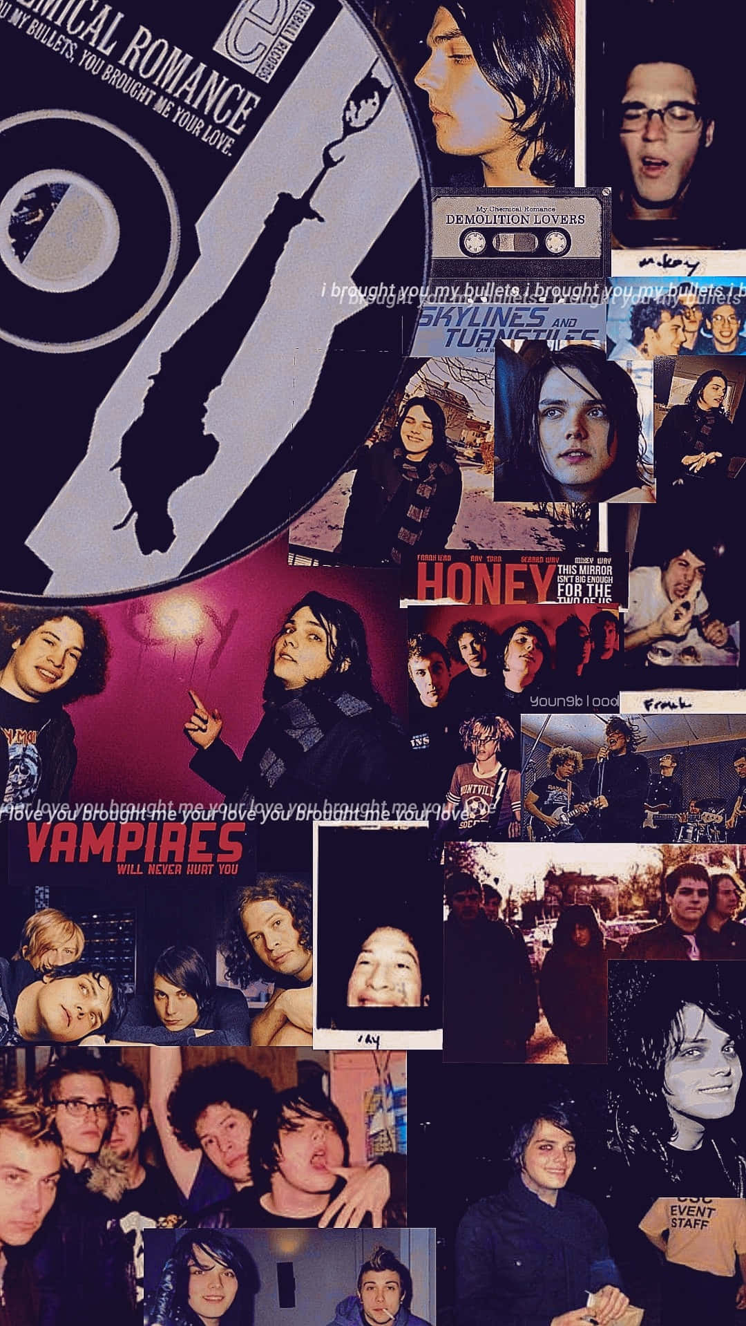 my chemical romance 桌布 壁紙 — 充滿活力的emo樂隊照片和專輯藝術拼貼，具有強烈的表情和大膽的字體設計。