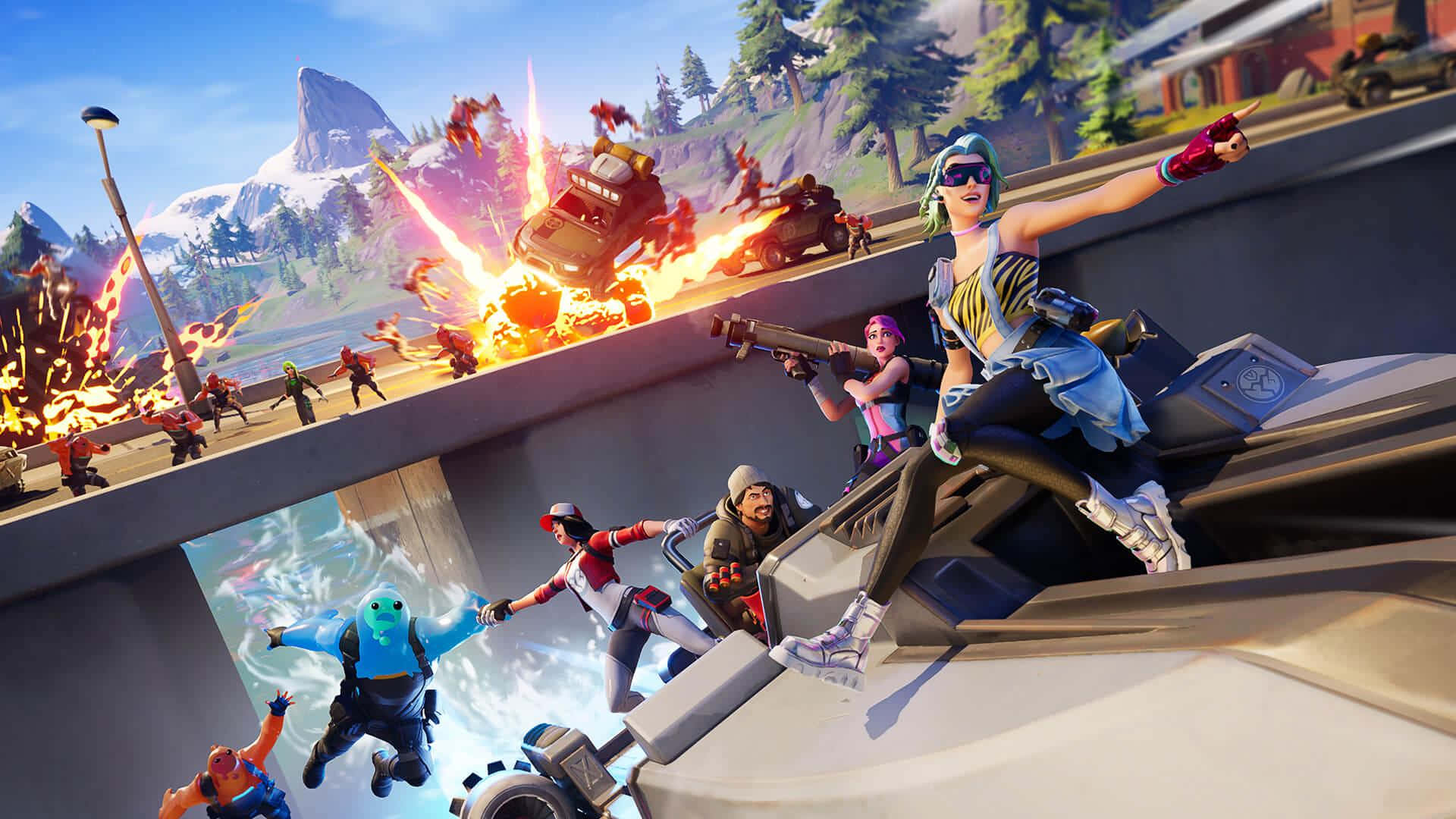 Creative Mode 桌布 壁紙 — 充滿活力的Fortnite角色在橋上戰鬥，伴隨著爆炸和熔岩，背景是白雪皚皚的山地景觀。