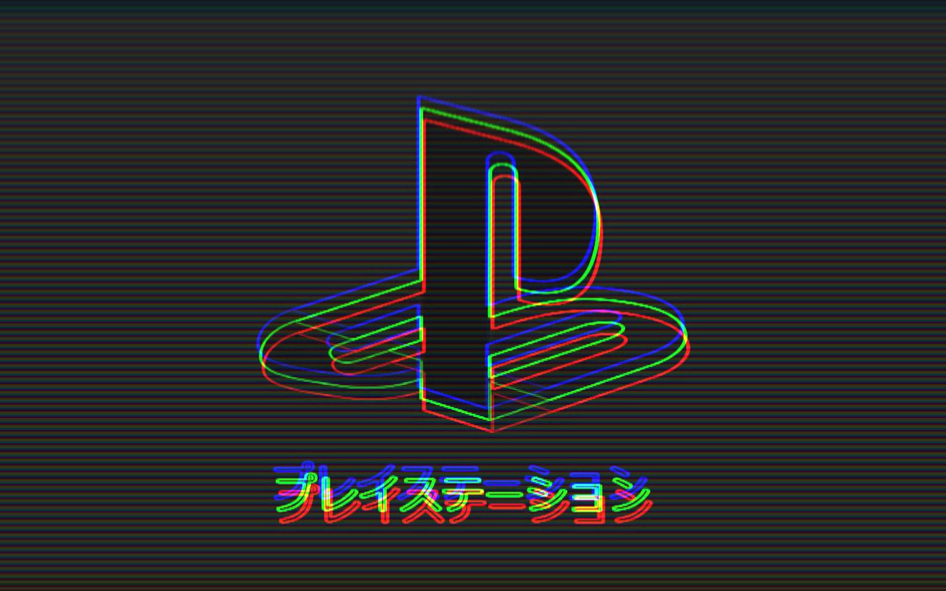 遊戲 桌布 壁紙 — 充滿活力的PlayStation標誌故障藝術，帶有彩虹輪廓，背景為深色掃描線。