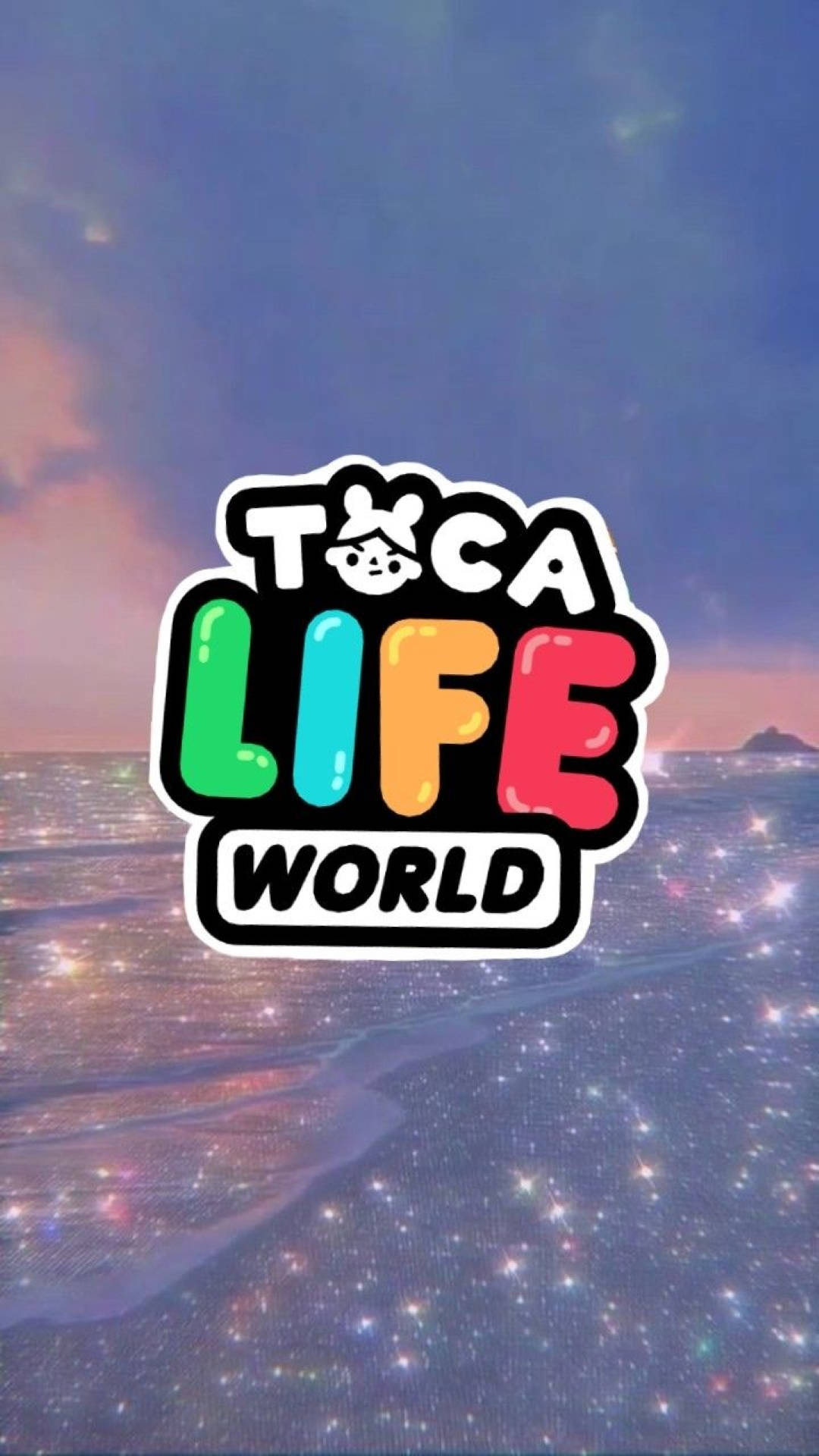 Toca Boca Life Logo 壁紙 — 充滿活力的Toca Life World標誌漂浮在閃爍星光的海灘上，黃昏時分天空呈現柔和的粉紅色和藍色。
