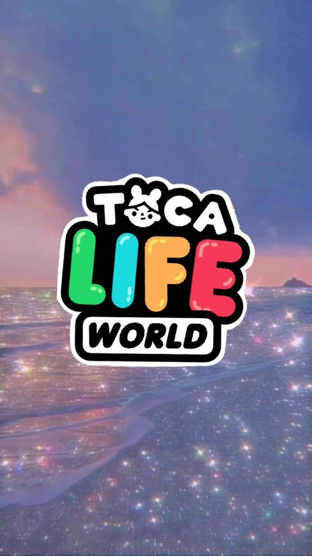 toca boca 桌布 壁紙 — 充滿活力的Toca Life World標誌漂浮在閃爍星空海灘上，暮色中帶有粉彩天空。