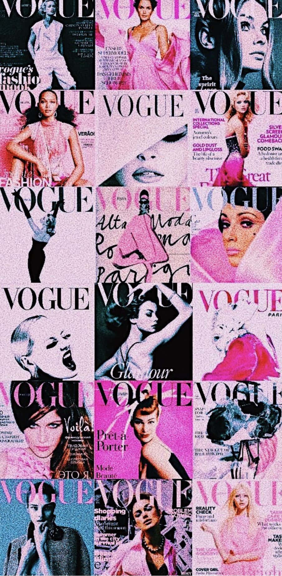 Magazine 桌布 壁紙 — 充滿活力的Vogue雜誌封面拼貼畫， featuring 華麗模特兒在粉紅與黑色的時尚編輯中。