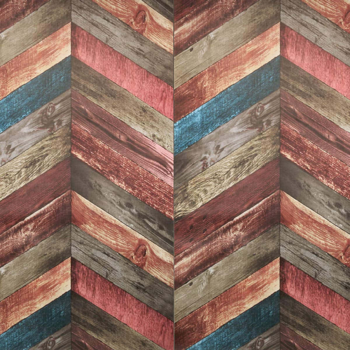 Cute Chevron 桌布 壁紙 — 充滿活力的V形圖案牆紙，採用紅、藍綠和米色調的鄉村風格木板。