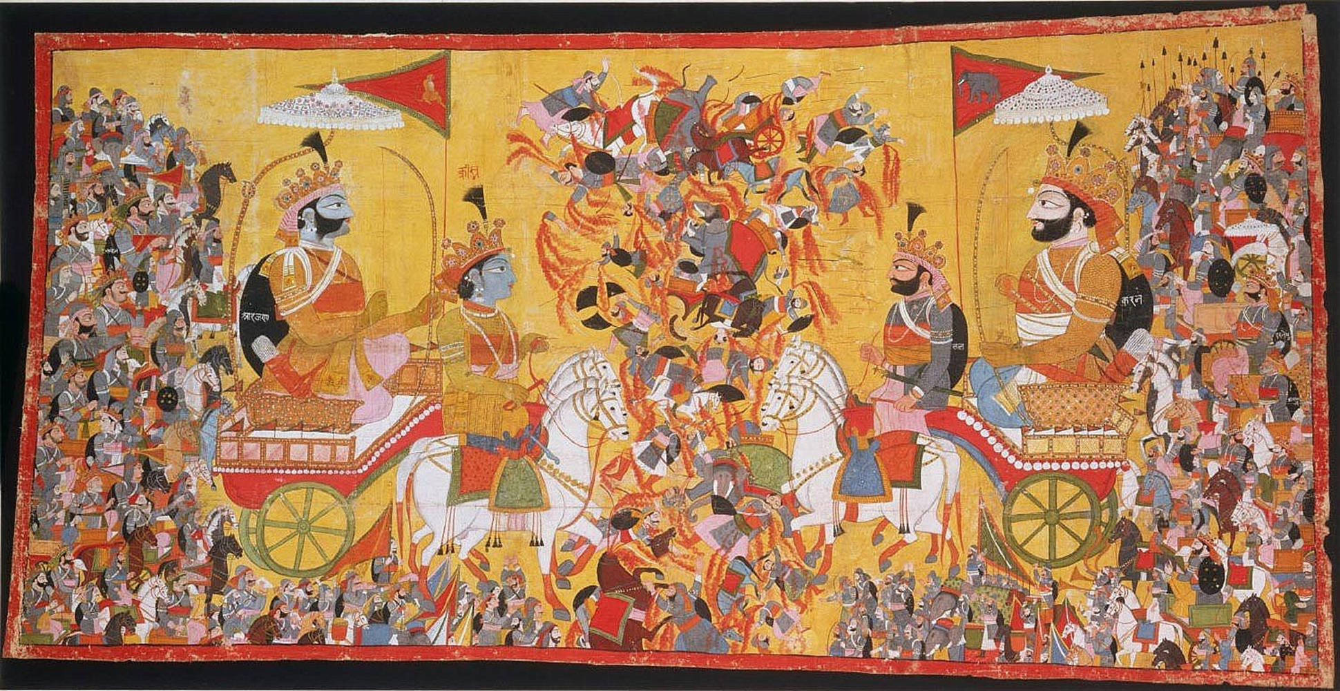 Indian 桌布 壁紙 — 充滿活力的傳統印度微型畫，描繪了騎馬戰士和戰車在人群中進行的皇家戰鬥場景。