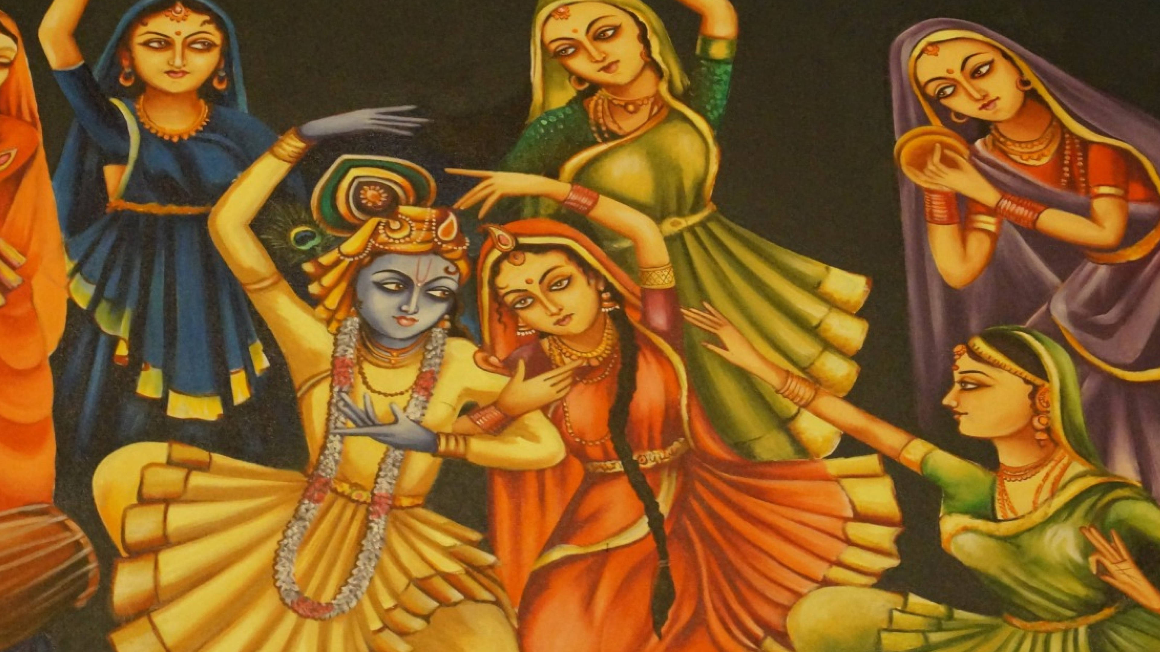 krishna ji 桌布 壁紙 — 充滿活力的傳統印度繪畫描繪了一位藍皮膚的神明與裝飾華麗、身穿飄逸彩色服飾的女子們共舞。