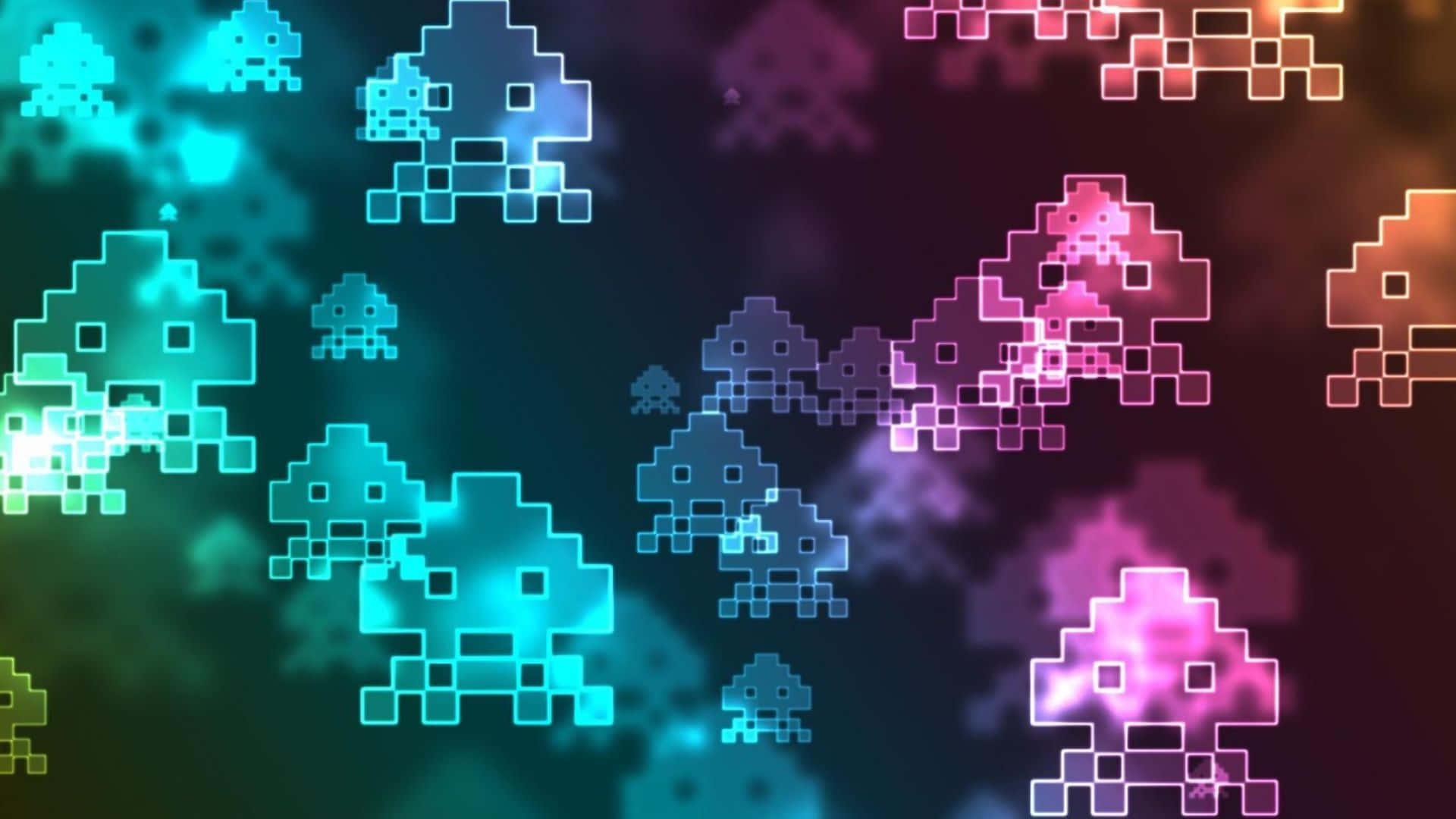 HD Gaming 桌布 壁紙 — 充滿活力的像素化外星入侵者在深色漸變背景上發出霓虹色調的光芒。