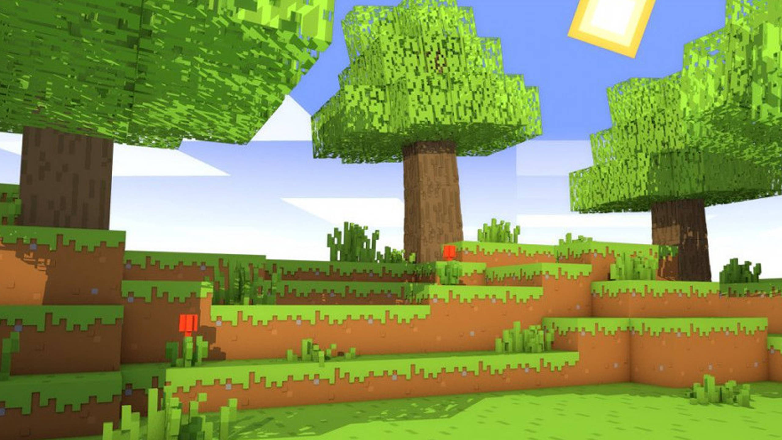 2560x1440 Minecraft 桌布 壁紙 — 充滿活力的像素化森林，有塊狀的綠色樹木和梯田狀的土地，在明亮的陽光下。