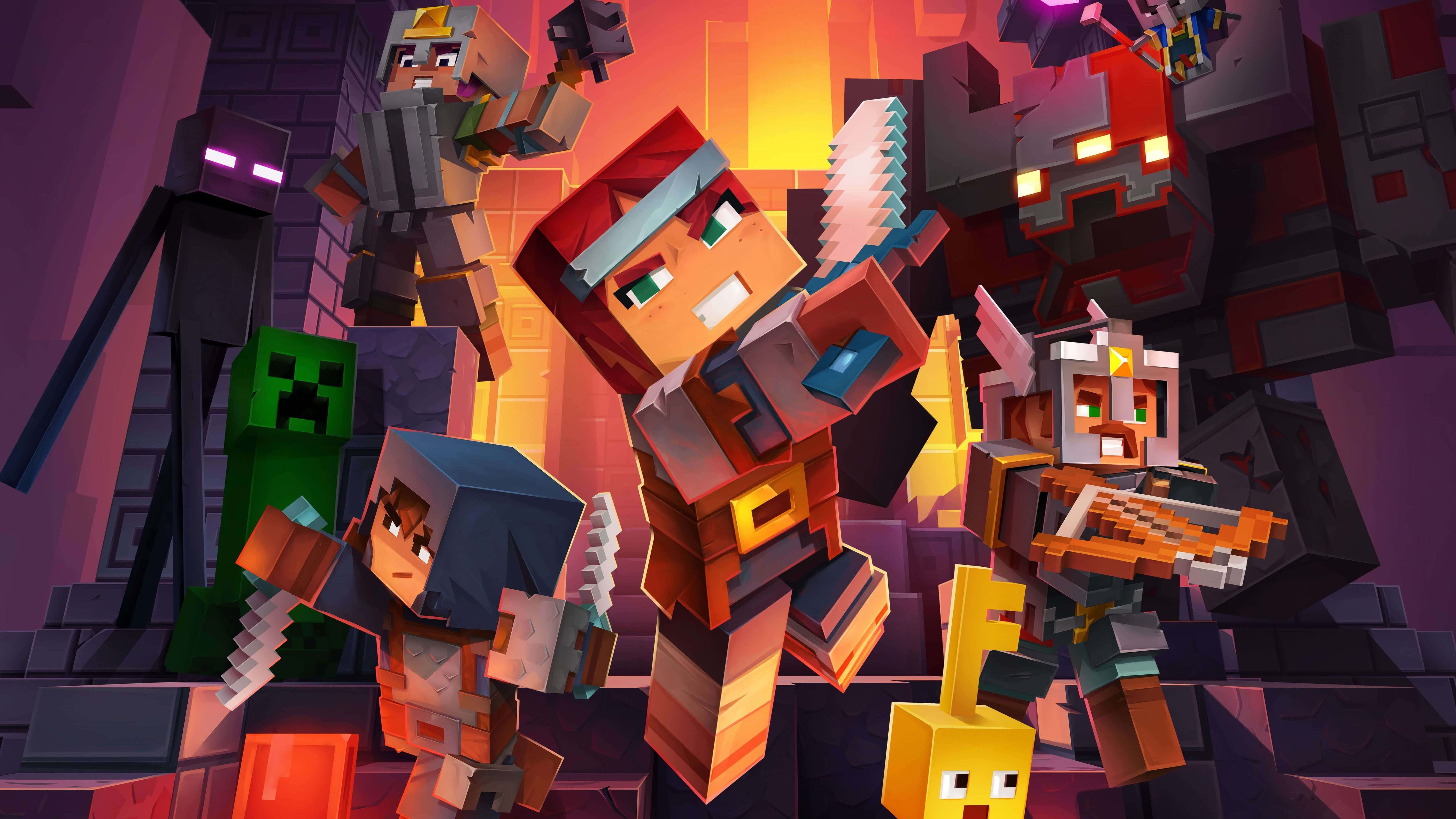 Minecraft Fight 桌布 壁紙 — 充滿活力的像素藝術Minecraft角色在一個有發光熔岩和方塊建築的熾熱地牢中與敵對生物戰鬥。