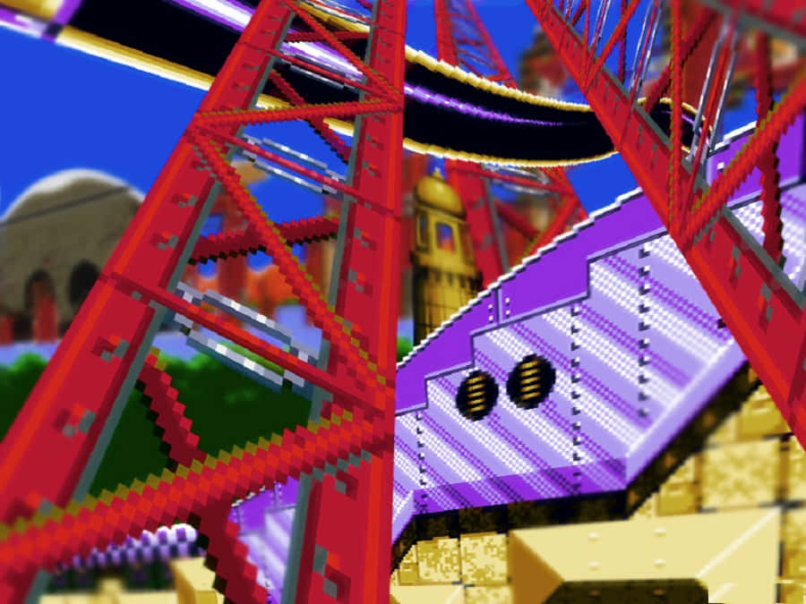 Sonic Launch Base Zone 桌布 壁紙 — 充滿活力的像素藝術過山車，紅色軌道和紫色欄杆在晴朗的藍天下蜿蜒穿過色彩繽紛的遊戲世界。