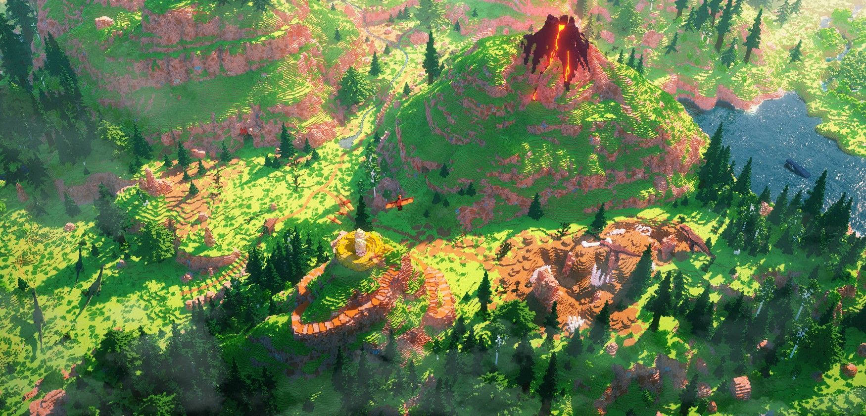 遊戲 桌布 壁紙 — 充滿活力的像素藝術風景，擁有茂密的綠色森林、梯田山丘和明亮的日光下閃耀的火山。