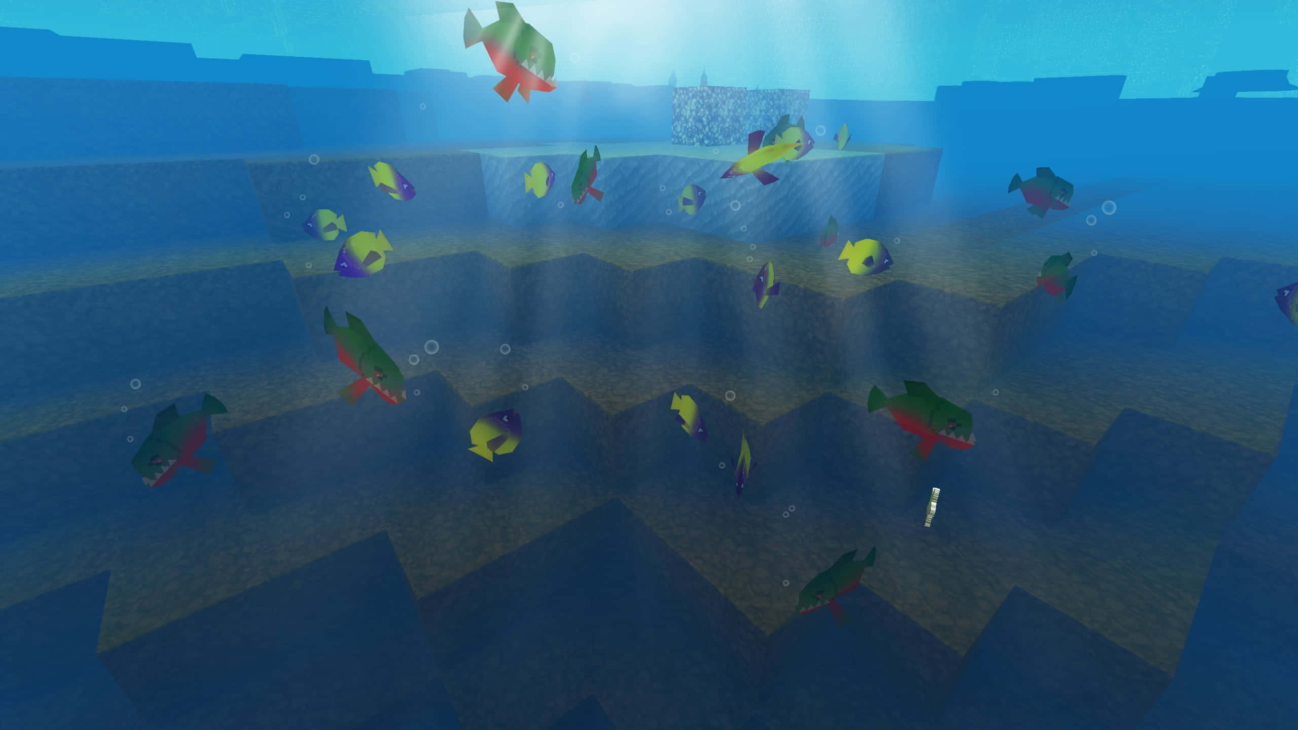 Minecraft Adventure 桌布 壁紙 — 充滿活力的像素藝術魚在陽光照射的水下遺跡中游動，周圍有幾何石平台。