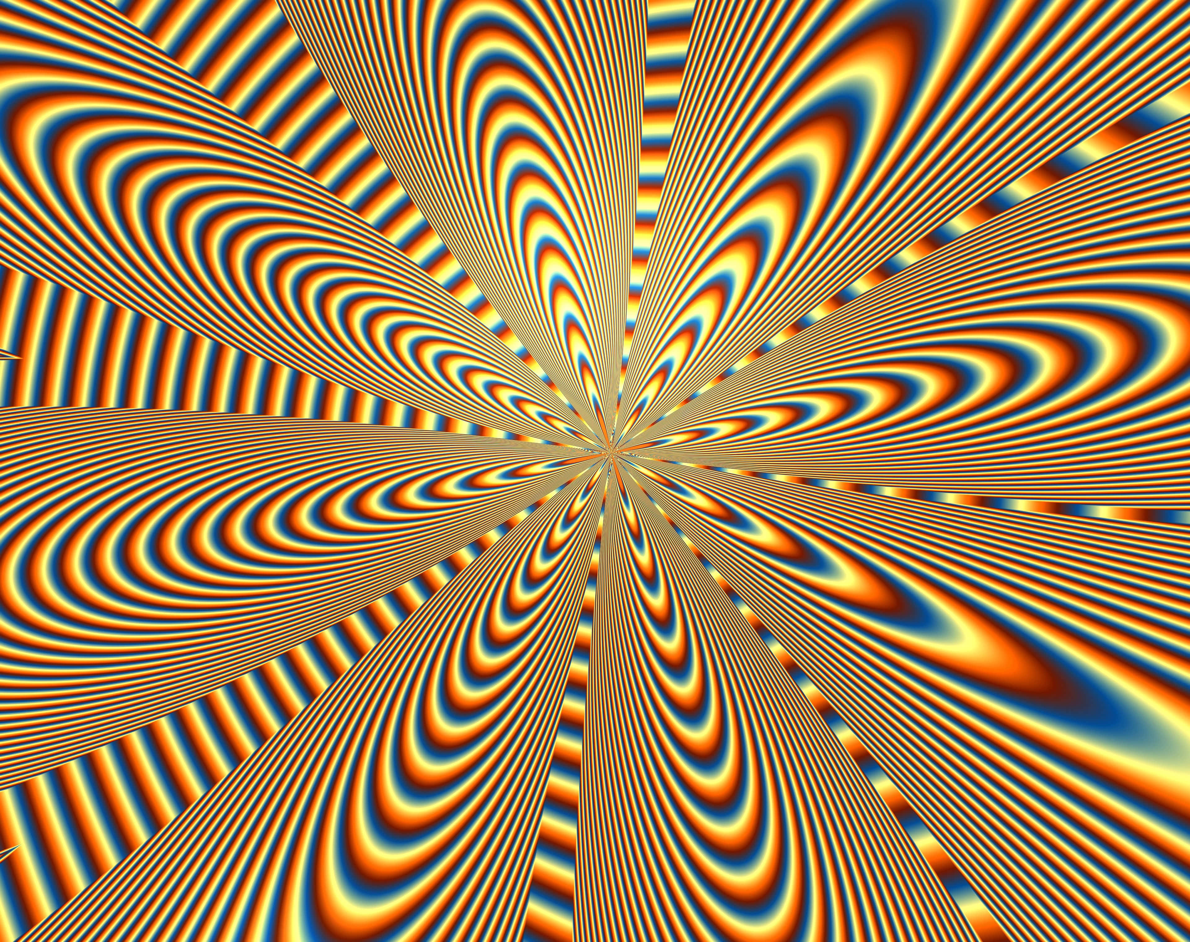 Optical Illusions 桌布 壁紙 — 充滿活力的光學錯覺，帶有放射狀的橙色、藍色和黃色條紋，營造出催眠的隧道效果。