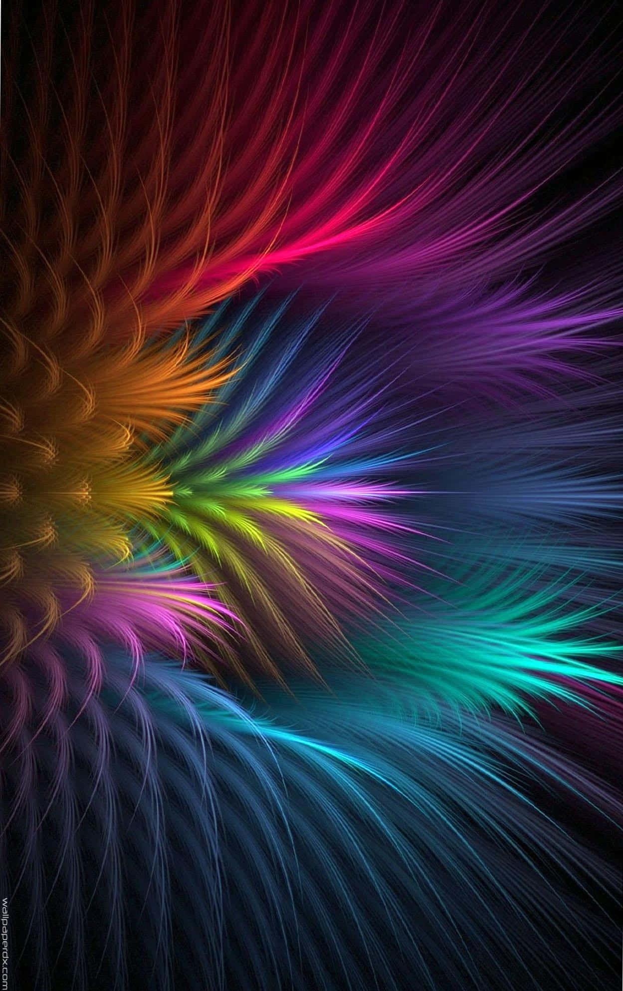 Color Phone 桌布 壁紙 — 充滿活力的分形卷鬚在黑色虛空中爆發成彩虹般的爆炸，營造出迷幻的數位爆炸效果。