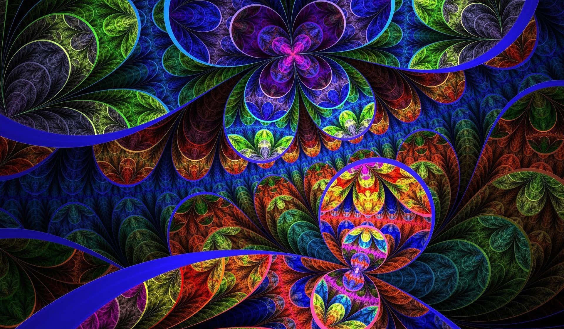 迷幻 桌布 壁紙 — 充滿活力的分形圖案以藍色、綠色和紫色的迷幻色調旋轉，創造出迷人的數位藝術作品。