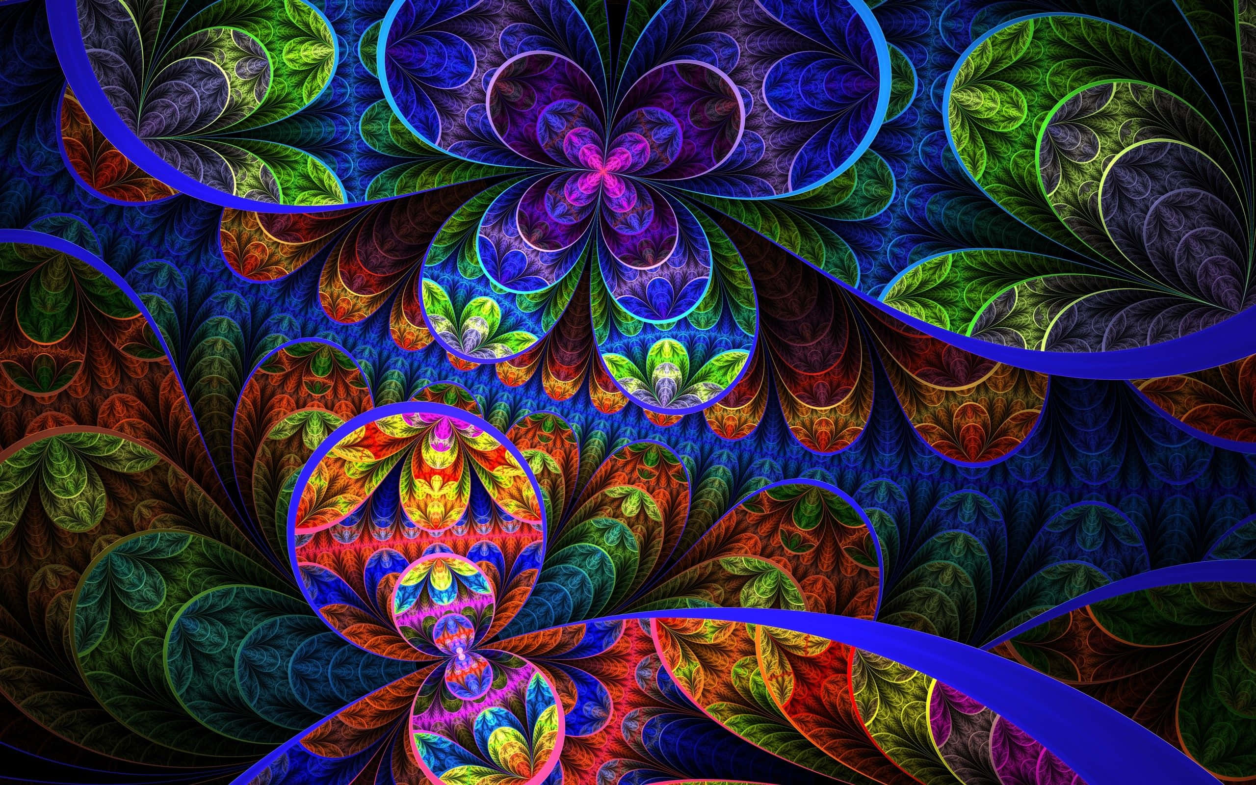 psychedelic art 桌布 壁紙 — 充滿活力的分形圖案以霓虹藍、綠和紫色旋轉，在深色背景上形成複雜的花卉形狀。