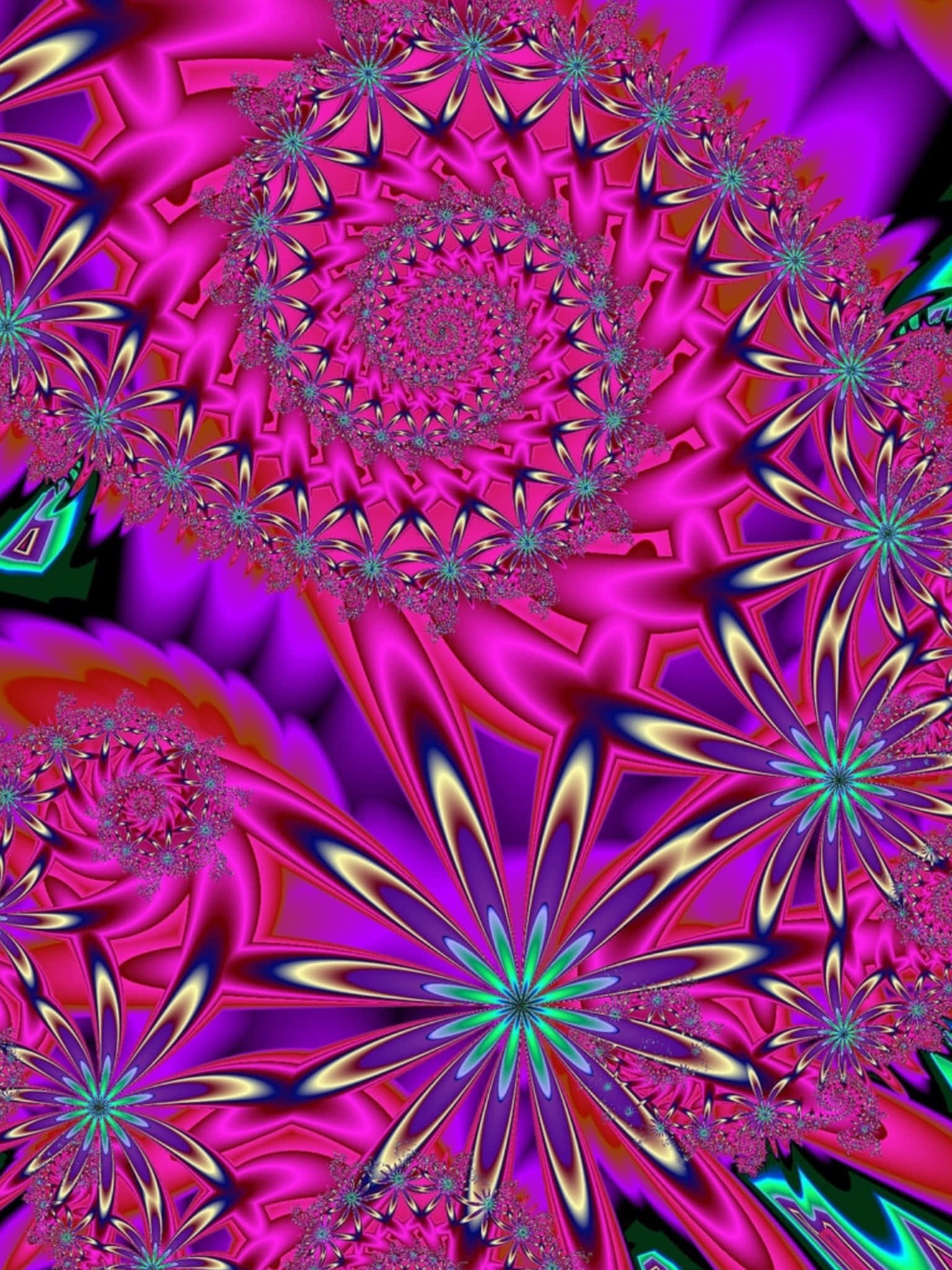 Psychedelic Flowers 桌布 壁紙 — 充滿活力的分形圖案在洋紅色和藍綠色中綻放，帶有發光的金色點綴，創造出迷人的數碼萬花筒。